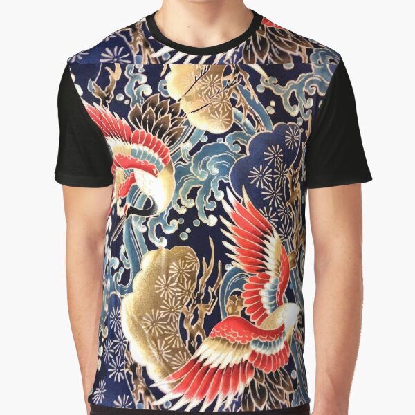 Aperçu de l'œuvre GRUES VOLANTES JAPONAISES, FLEURS, VAGUES ROUGE BLEU MARINE FLORAL créée et vendue par BulganLumini.