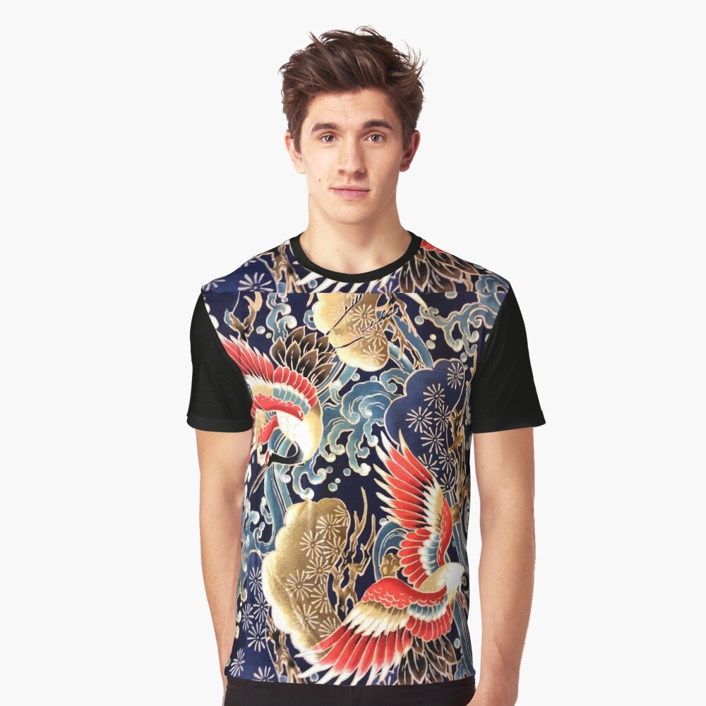 FLYING CRANES ,FLOWERS, SEA WAVES RED NAVY BLUE FLORAL Graphic T-Shirt