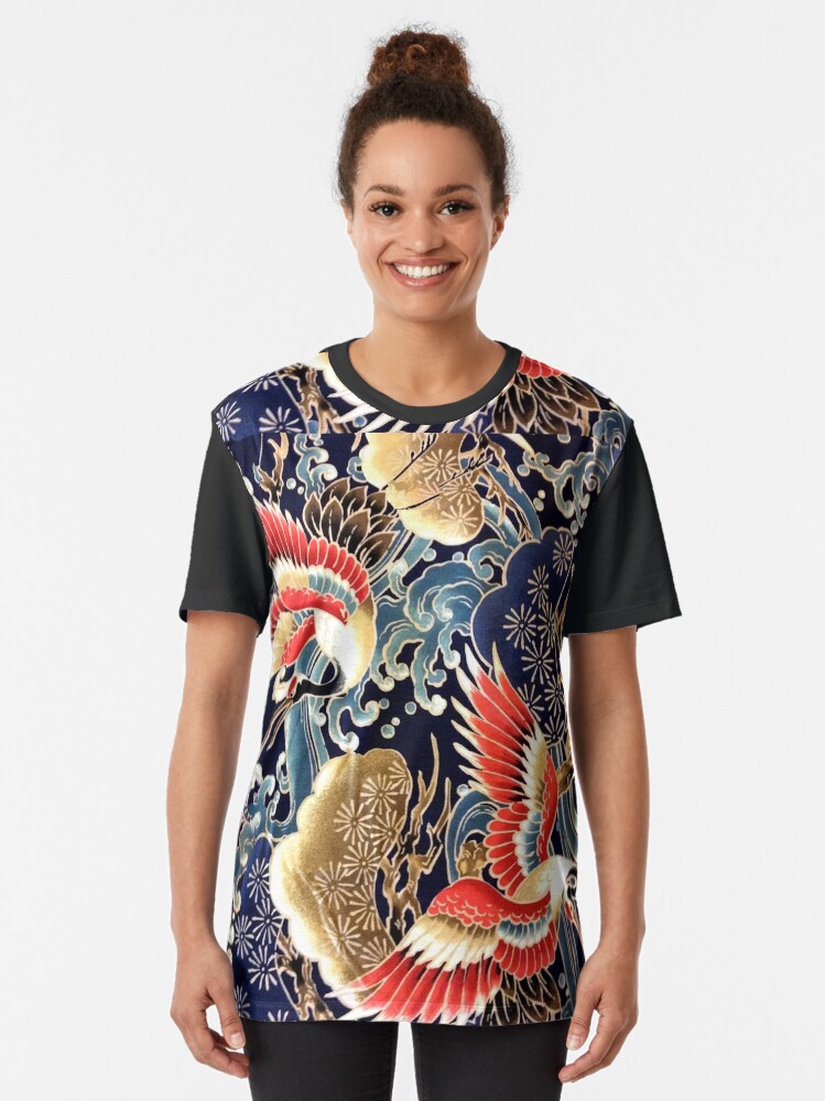 Alternate view of FLYING CRANES ,FLOWERS, SEA WAVES RED NAVY BLUE FLORAL Graphic T-Shirt