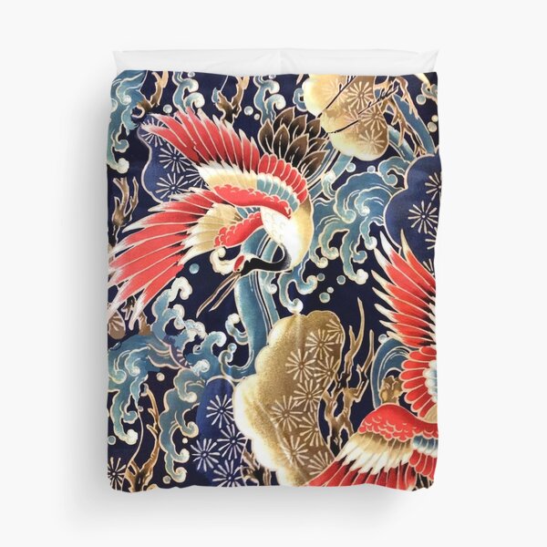 Artikel-Vorschau von Japanische fliegende Kraniche, Blumen, Meereswellen, rotes Marineblau mit Blumen, designt und verkauft von BulganLumini.
