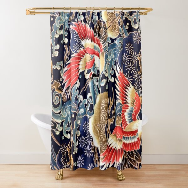 FLYING CRANES ,FLOWERS, SEA WAVES RED NAVY BLUE FLORAL Shower Curtain