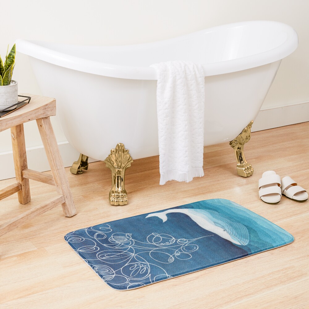 Happy whale, animals, sea creature, teal blue watercolor Bath Mat