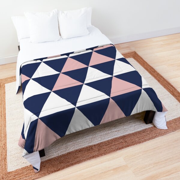 Triangular: Blush Pink, Navy Blue, and White Minimalist Geometric Pattern Comforter