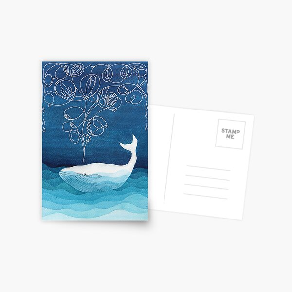 Happy whale, animals, sea creature, teal blue watercolor Postcard