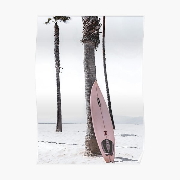 Pink Surfboard on Beach Retro Modern Poster Poster