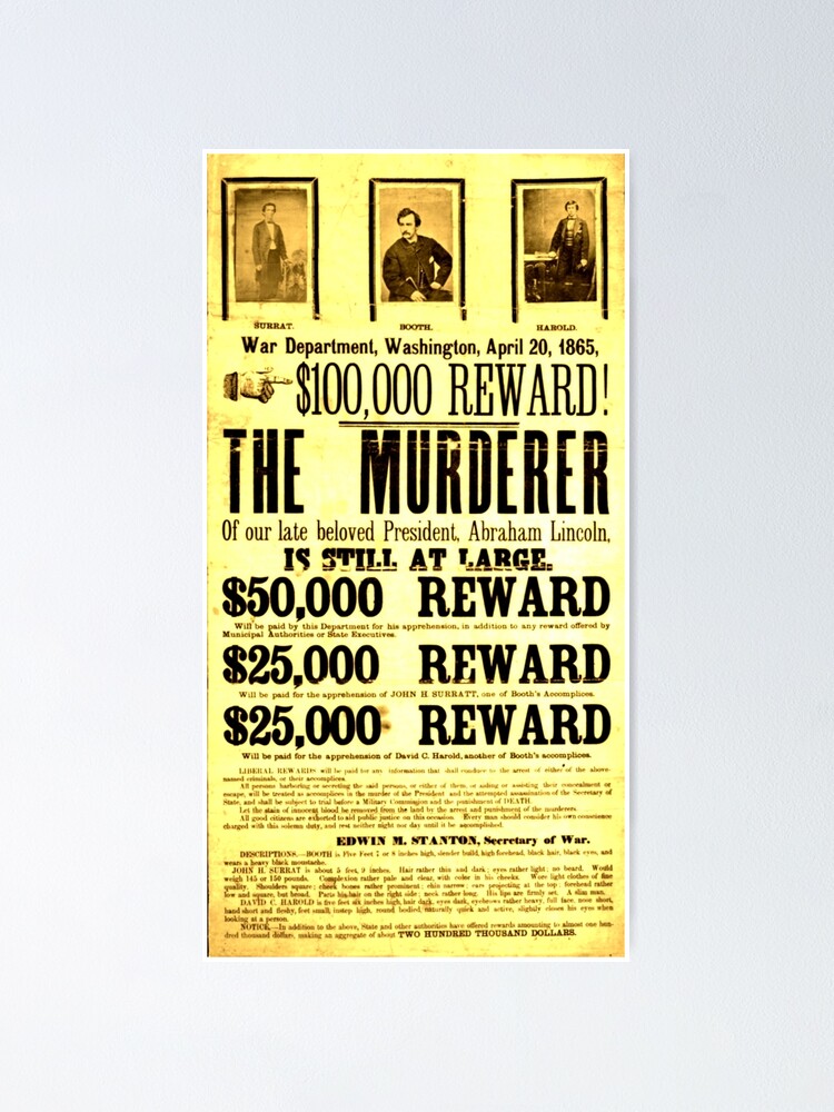 Wanted Poster - John Wilkes Booth &amp; Accomplices - 1865&quot; Poster for 