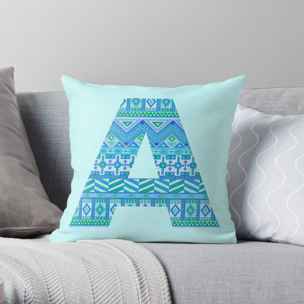 Letter A Blue Aztec Stripes Pattern Boho Monogram Initial Throw Pillow