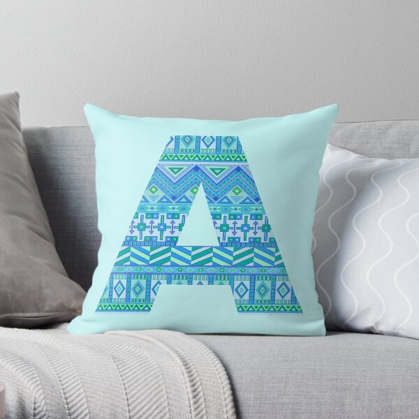 Letter A Blue Aztec Stripes Pattern Boho Monogram Initial Throw Pillow
