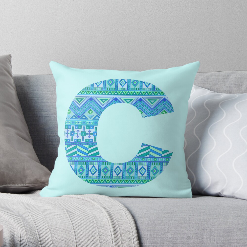 Letter C Blue Aztec Stripes Pattern Boho Monogram Initial Throw Pillow