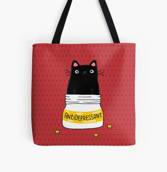 FUR ANTIDEPRESSANT. Nette schwarze Katzenillustration. Ein Geschenk für einen Tierliebhaber. Allover-Print Tote Bag