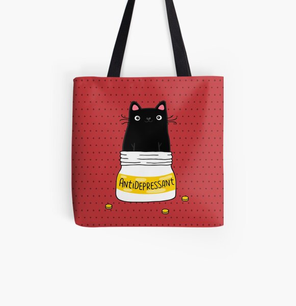 FUR ANTIDEPRESSANT . Cute black cat illustration. A gift for a pet lover. All Over Print Tote Bag