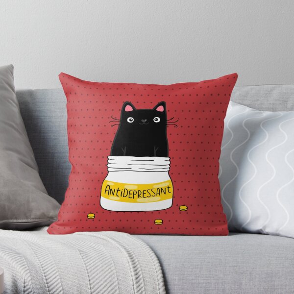 FUR ANTIDEPRESSANT . Cute black cat illustration. A gift for a pet lover. Throw Pillow