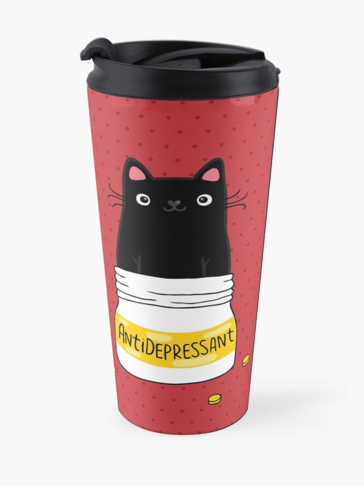 Alternate view of FUR ANTIDEPRESSANT . Cute black cat illustration. A gift for a pet lover. Travel Mug
