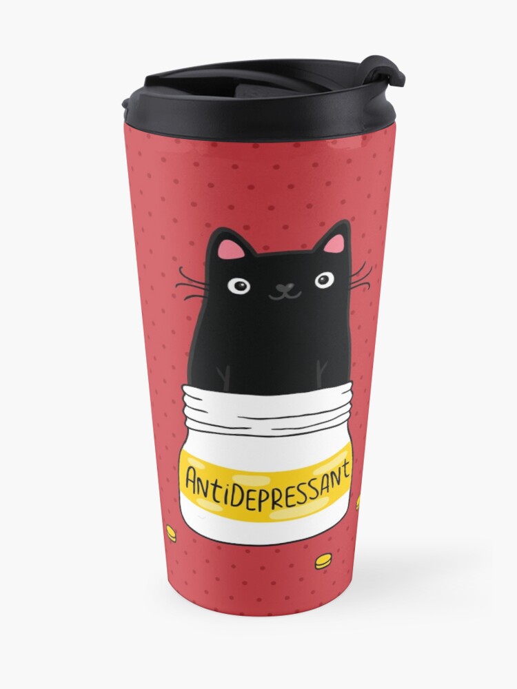 Alternate view of FUR ANTIDEPRESSANT . Cute black cat illustration. A gift for a pet lover. Travel Mug