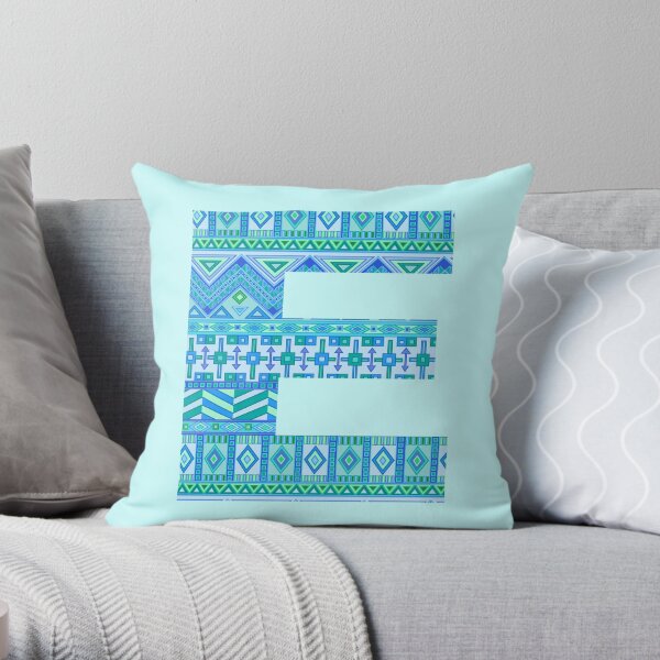 Letter E Blue Aztec Stripes Pattern Boho Monogram Initial Throw Pillow