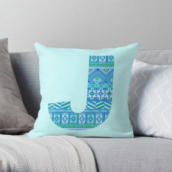 Letter J Blue Aztec Stripes Pattern Boho Monogram Initial Throw Pillow
