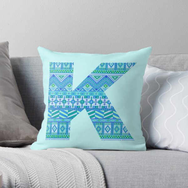 Letter K Blue Aztec Stripes Pattern Boho Monogram Initial Throw Pillow