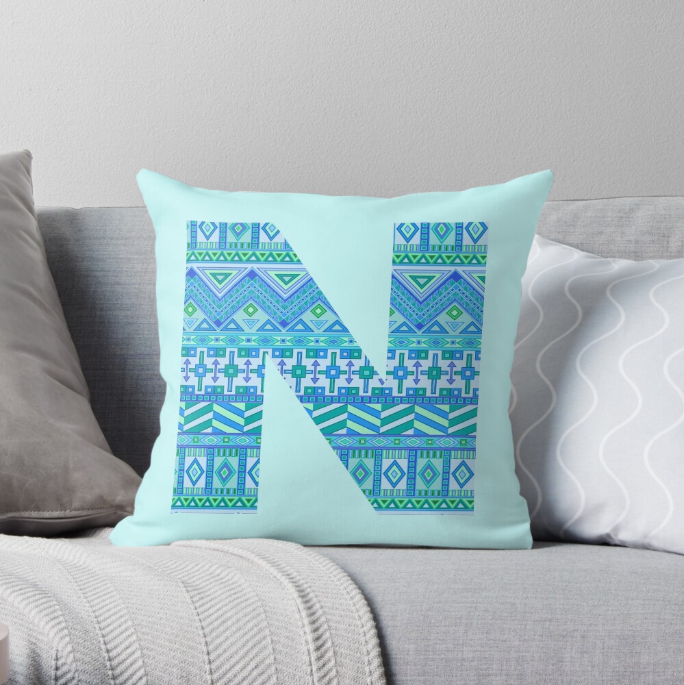 Letter N Blue Aztec Stripes Pattern Boho Monogram Initial Throw Pillow