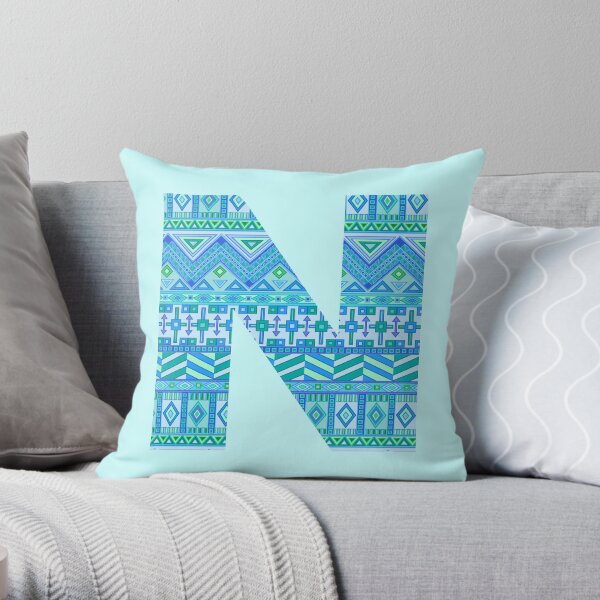 Letter N Blue Aztec Stripes Pattern Boho Monogram Initial Throw Pillow