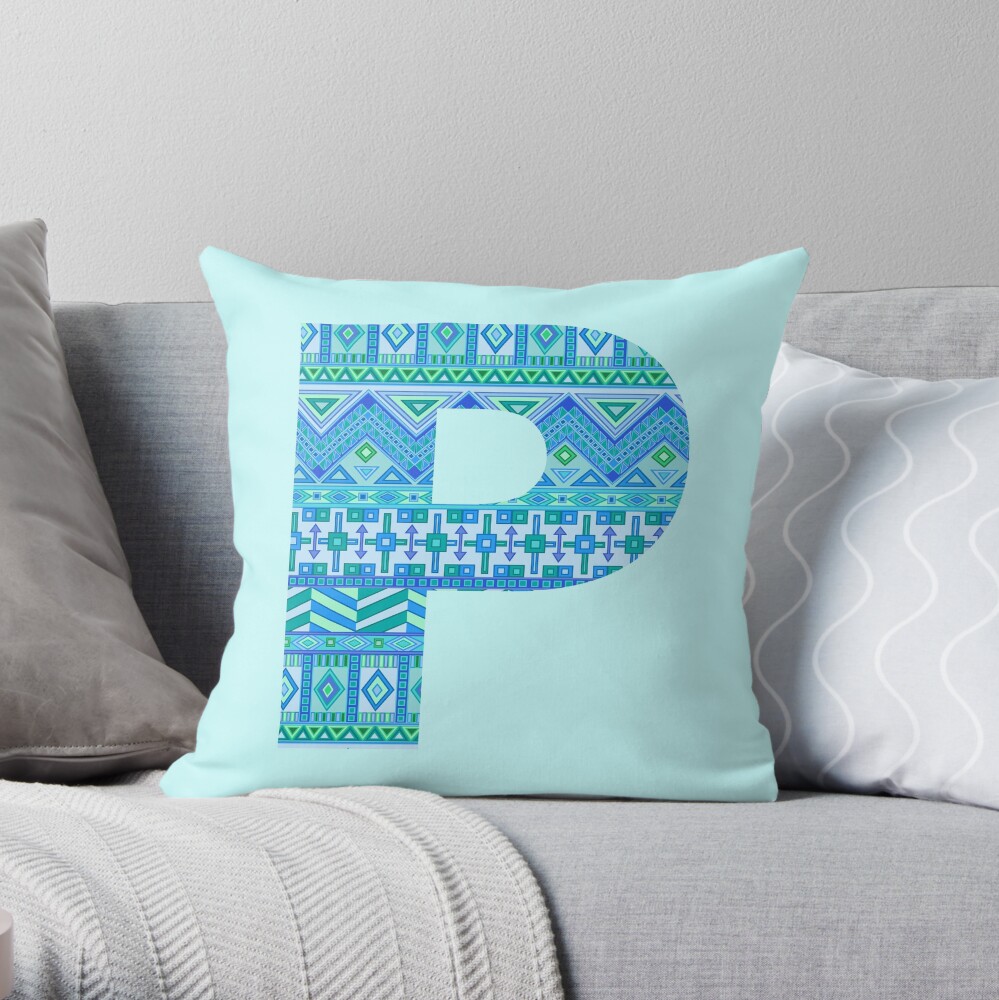 Letter P Blue Aztec Stripes Pattern Boho Monogram Initial Throw Pillow