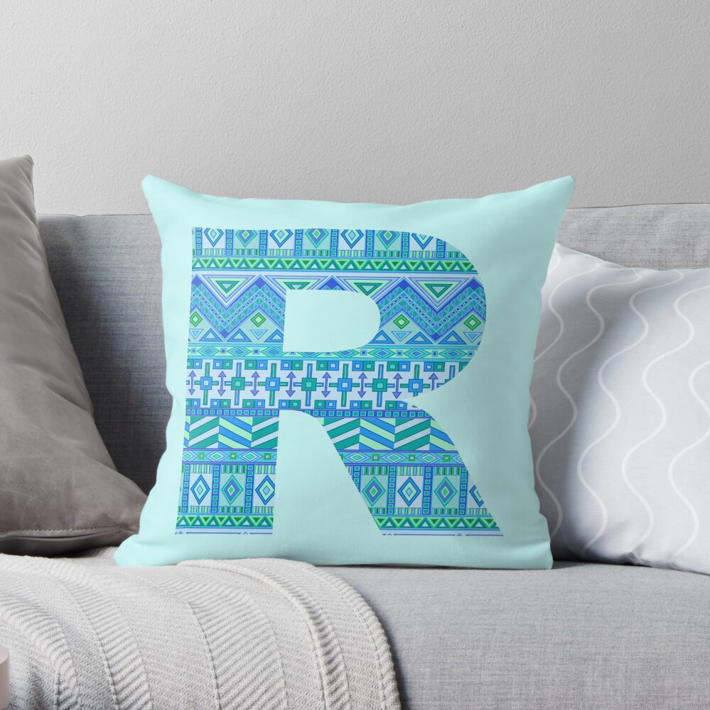 Letter R Blue Aztec Stripes Pattern Boho Monogram Initial Throw Pillow