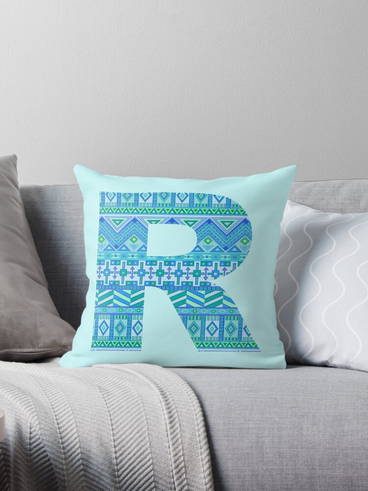 Thumbnail 1 of 3, Throw Pillow, Letter R Blue Aztec Stripes Pattern Boho Monogram Initial designed and sold by theartofvikki.