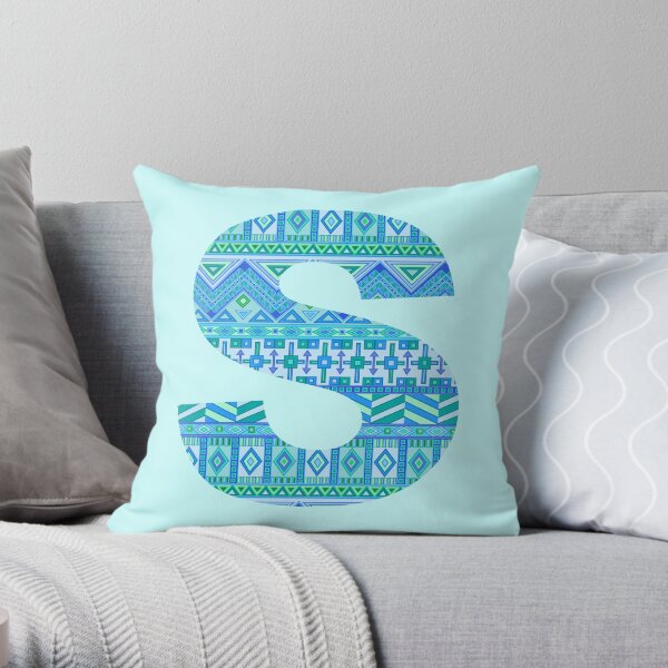 Letter S Blue Aztec Stripes Pattern Boho Monogram Initial Throw Pillow