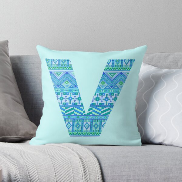 Letter V Blue Aztec Stripes Pattern Boho Monogram Initial Throw Pillow