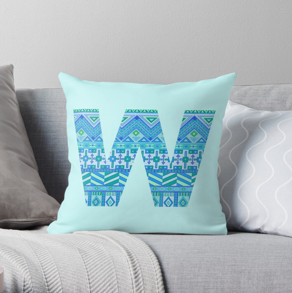Letter W Blue Aztec Stripes Pattern Boho Monogram Initial Throw Pillow