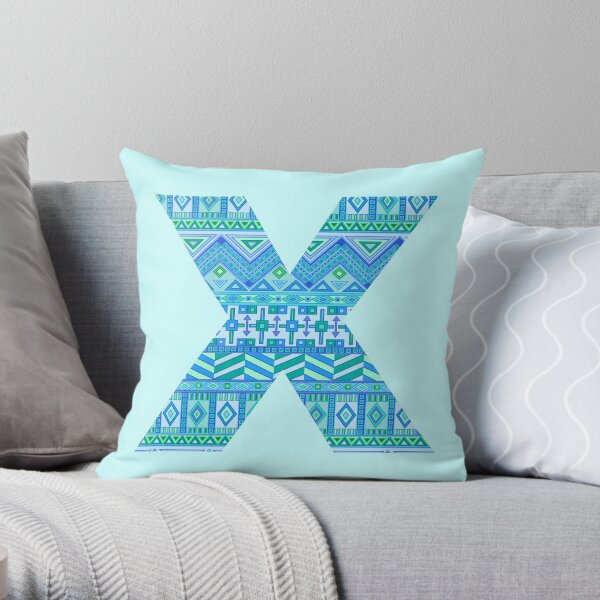 Letter X Blue Aztec Stripes Pattern Boho Monogram Initial Throw Pillow