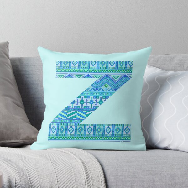 Letter Z Blue Aztec Stripes Pattern Boho Monogram Initial Throw Pillow