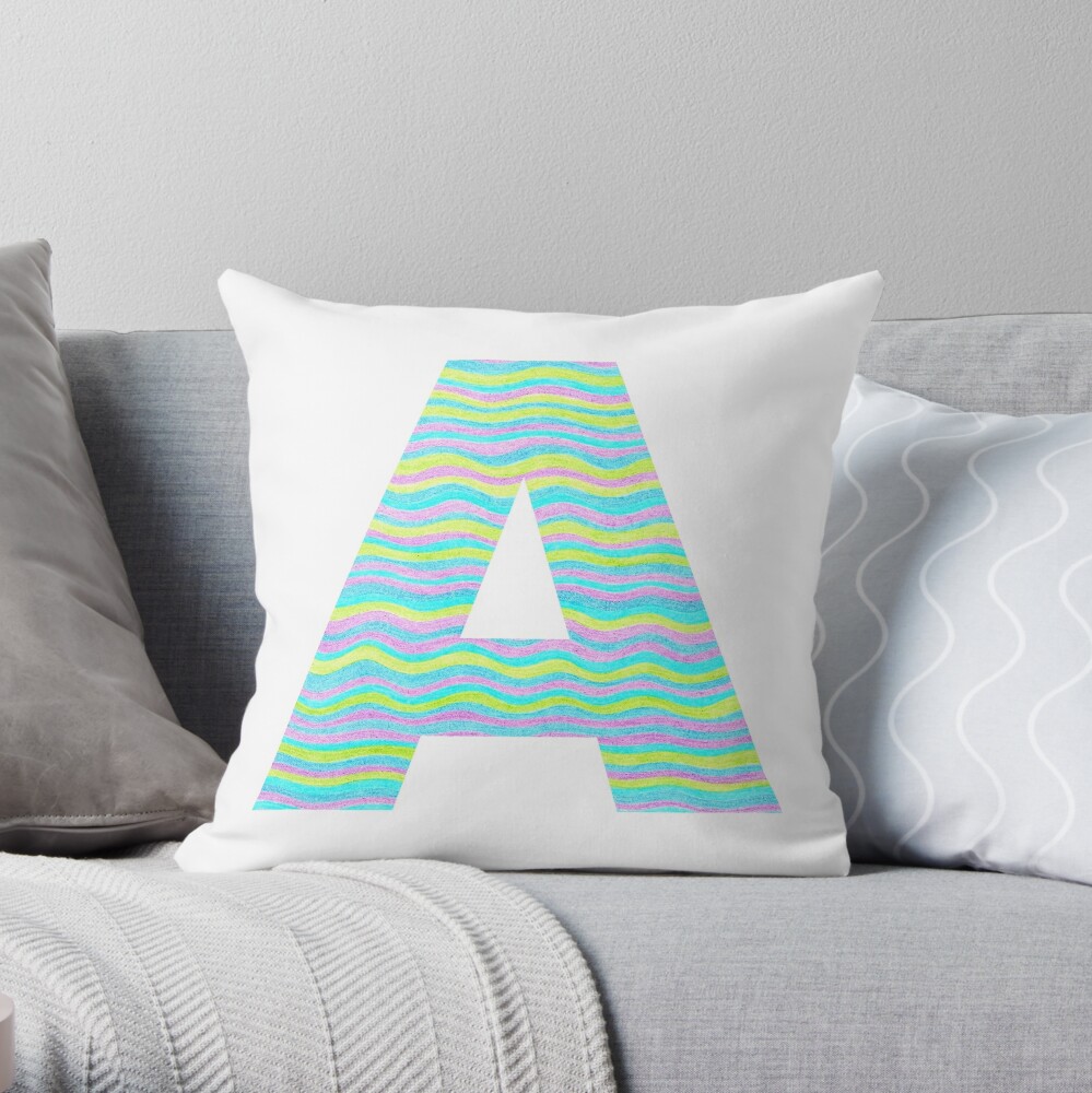 Letter A Neon Wavy Stripe Pattern Monogram Initial Throw Pillow