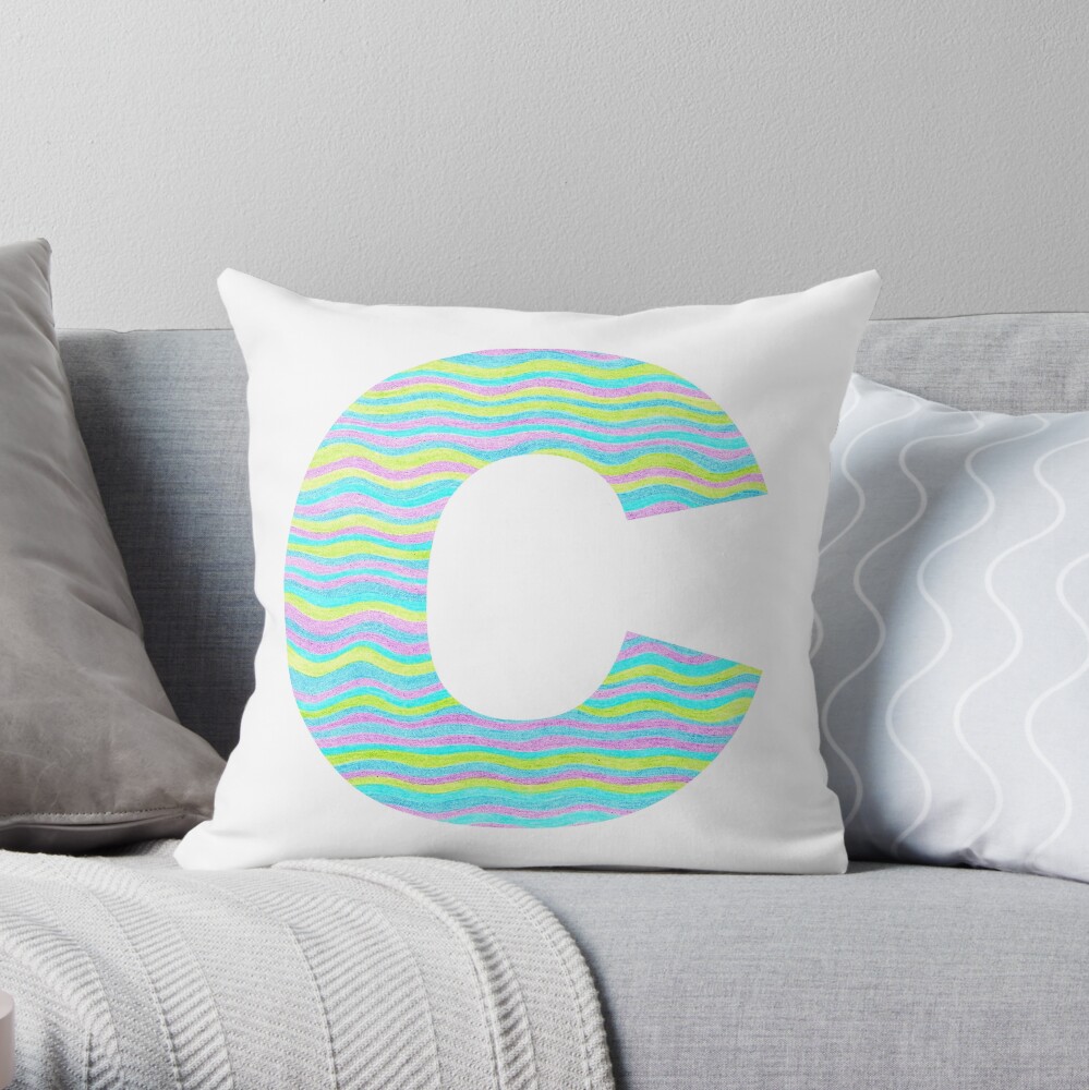 Letter C Neon Wavy Stripe Pattern Monogram Initial Throw Pillow