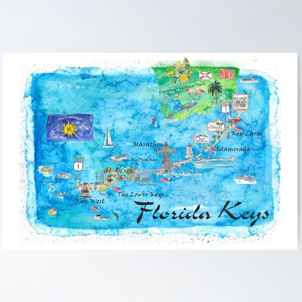 Item preview, Florida Keys Key West Marathon Key Largo Illustrated Travel Poster Favorite Map Tourist Highlights designed and sold by artshop77.