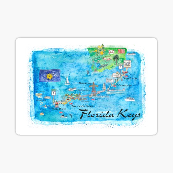 Florida Keys Key West Marathon Key Largo Illustrated Travel Poster Favorite Map Tourist Highlights Sticker