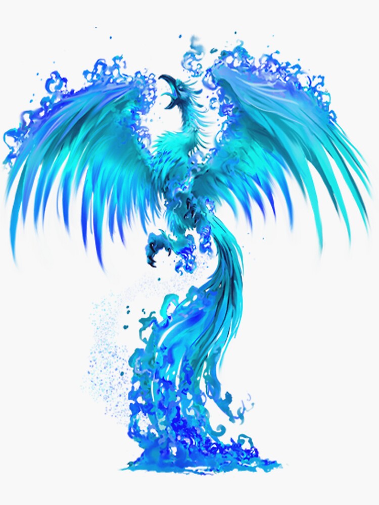 "Fantasy Blue Ice Phoenix Rises From The Fiery Ashes" Sticker by