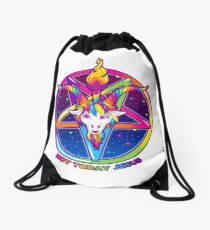 1997 Rainbow Neon Goat Head Pentagram Not Today Jesus Drawstring Bag