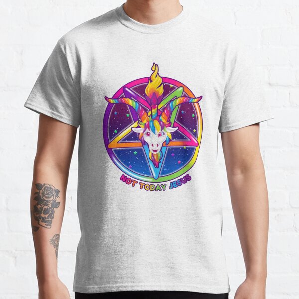 Disover 1997 Rainbow Neon Goat Head Pentagram Not Today Jesus | Classic T-Shirt