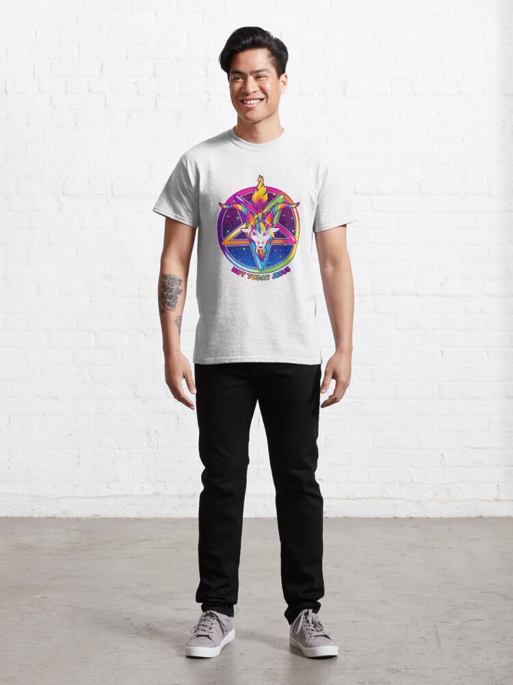 Disover 1997 Rainbow Neon Goat Head Pentagram Not Today Jesus | Classic T-Shirt