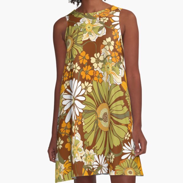 70s Retro Vintage Flower Power pattern A-Line Dress