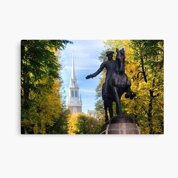 Otoño en la estatua de Paul Revere y la iglesia Old North, Boston, Massachusetts Lienzo