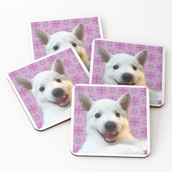 Item preview, White German Shepard Dog on pink background designed and sold by Sunny Creations.