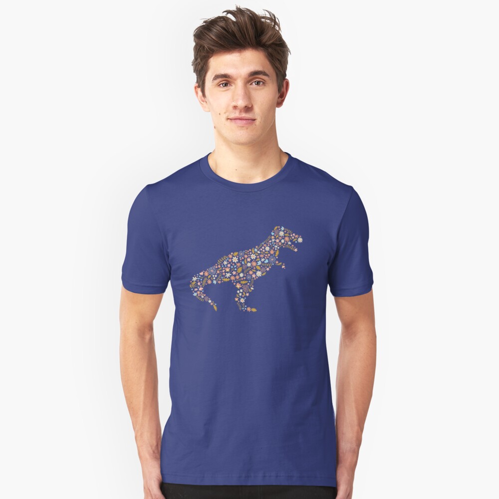 Floral T-Rex in Blue + Coral Slim Fit T-Shirt