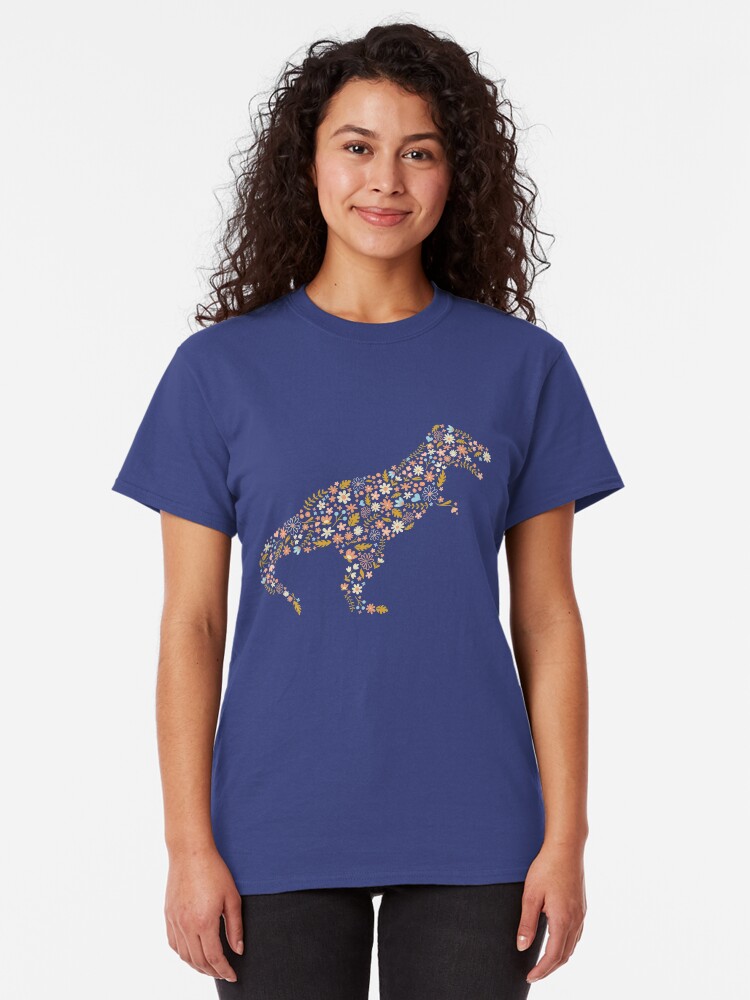 Alternate view of Floral T-Rex in Blue + Coral Classic T-Shirt