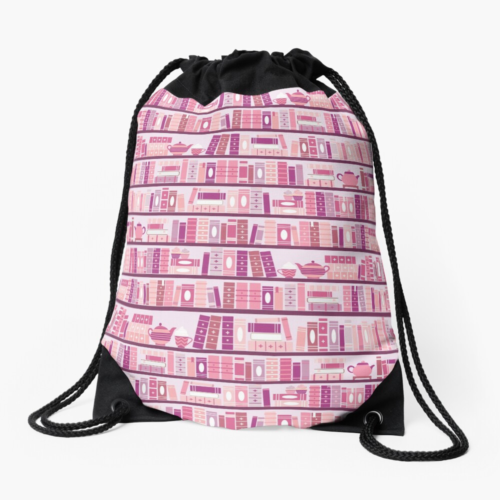 Pink Bookcase Pattern Romance Tea Books Drawstring Bag