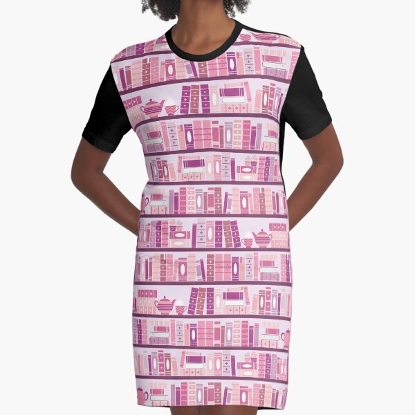 Pink Bookcase Pattern Romance Tea Books Graphic T-Shirt Dress