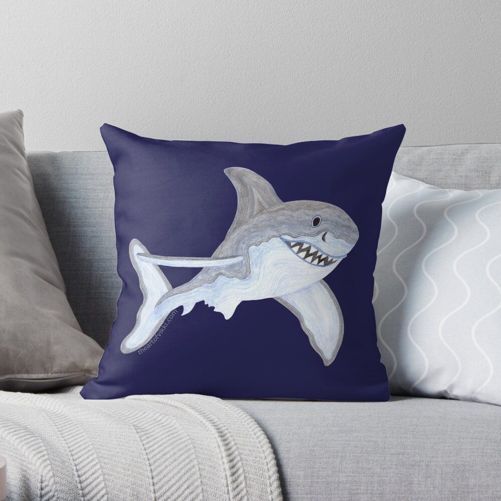 Great White Shark Fanciful Aquatic Watercolor Throw Pillow