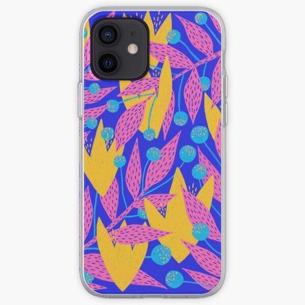 Yellow flowers with pink leaves on blue iPhone Soft Case