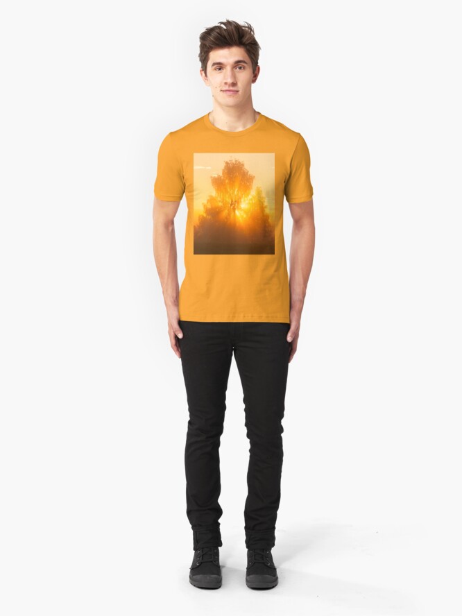 Alternate view of Sunbeams through tree in morning fog Slim Fit T-Shirt