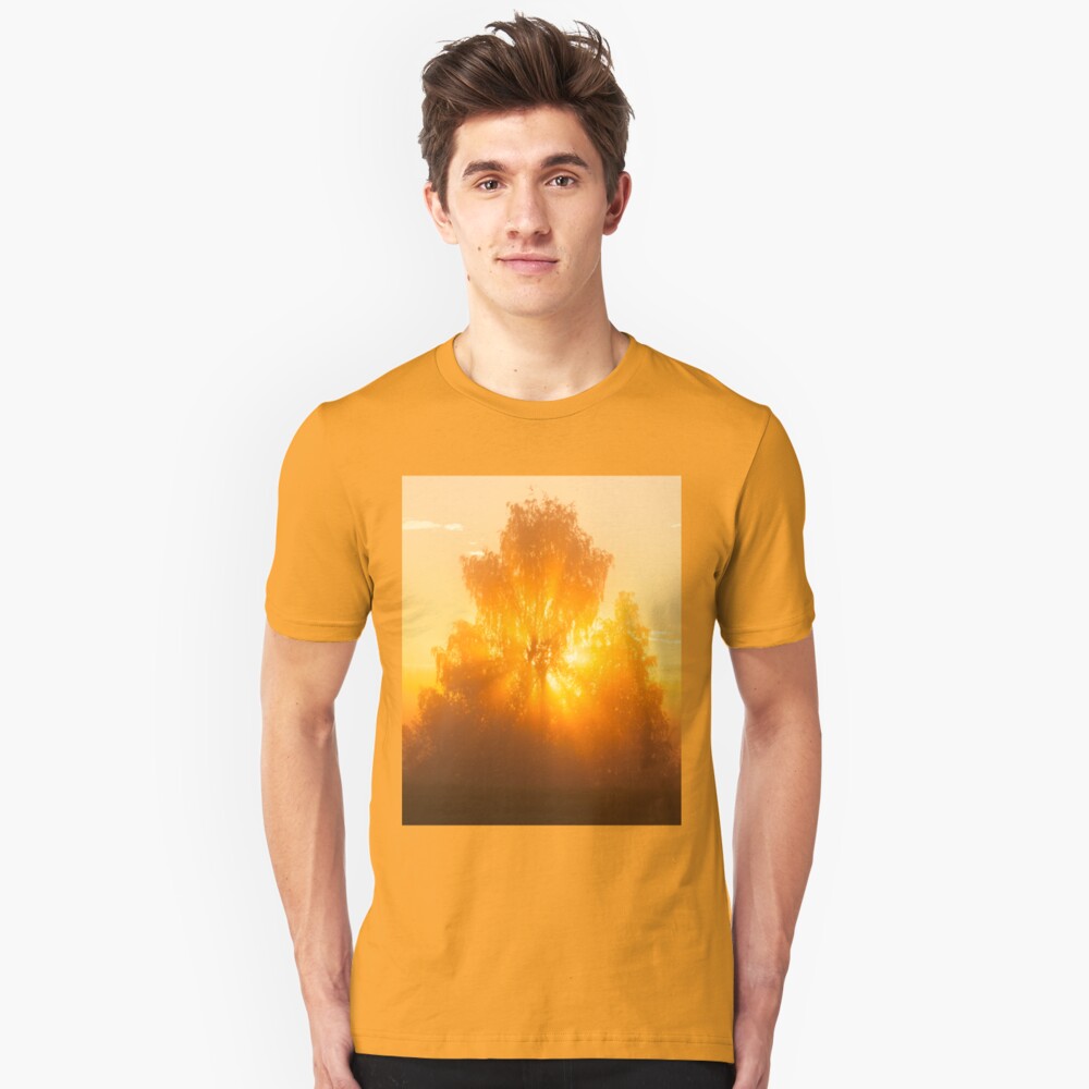 Sunbeams through tree in morning fog Slim Fit T-Shirt